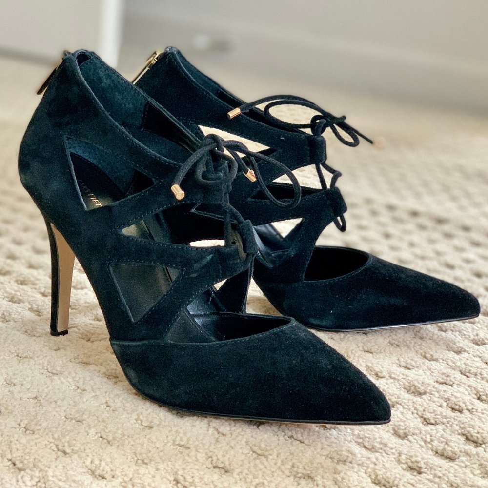 Saks Fifth Ave. Black Suede Lace-uppoint Toe Pumps